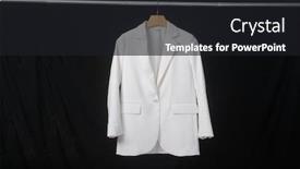  Presentation with formal jacket - Beautiful presentation theme featuring female-formal-business-white-suit backdrop and a dark gray colored foreground