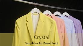  Presentation with formal jacket - Presentation theme with female-formal-businessfour-colorful-suit background and a yellow colored foreground