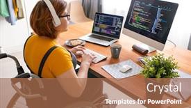  Presentation with headphones - Cool new slide set with female-freelance-programmer-in-modern backdrop and a coral colored foreground