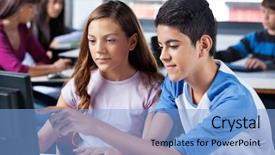  Presentation with computer lab science classroom - Slides with female friend pointing at computer background and a light blue colored foreground