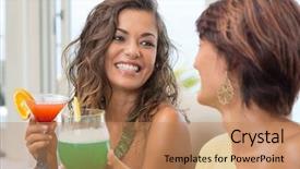  Presentation with cocktail party - Cool new PPT layouts with female friends at cocktail party backdrop and a coral colored foreground