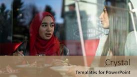  Presentation with lunch - Colorful PPT theme enhanced with female-friends-having-lunch-together backdrop and a coral colored foreground