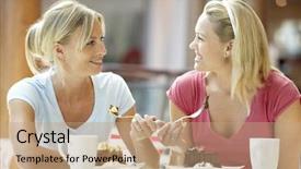  Presentation with female male symbol - Beautiful PPT theme featuring cake shop - female friends having lunch together backdrop and a coral colored foreground