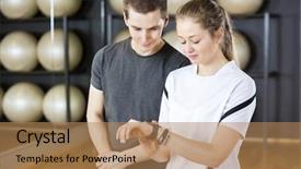  Presentation with friends - Presentation theme featuring female friends looking at pedometer background and a  colored foreground