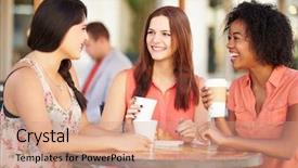  Presentation with meeting - PPT theme with female friends meeting in caf background and a coral colored foreground