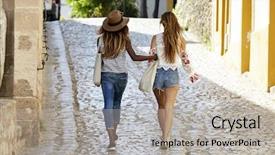  Presentation with welcome back friend - Slides with female friends on holiday walking background and a light gray colored foreground