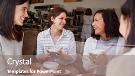  Presentation with coffee shop - PPT theme with female friends relaxing over coffee background and a coral colored foreground
