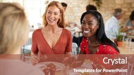  Presentation with cafe - Theme having female friends smiling at brunch background and a red colored foreground