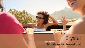  Presentation with road trip - PPT theme featuring female-friends-standing-up-through background and a coral colored foreground