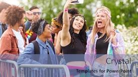  Presentation with festival music - Amazing presentation theme having female friends taking selfie as they arrive at entrance to music festival backdrop and a seafoam green colored foreground