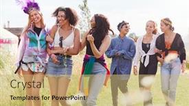  Presentation with outdoor festival - Slide set consisting of female friends walking back to tent after outdoor music festival background and a yellow colored foreground
