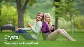  Presentation with welcome back friend - PPT theme having female friends with cellphones sitting background and a  colored foreground