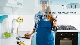  Presentation with furniture - Amazing presentation theme having female-furniture-maker-in-uniform backdrop and a light blue colored foreground