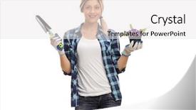  Presentation with lime green and white flower - PPT theme featuring female gardener with a spade background and a white colored foreground