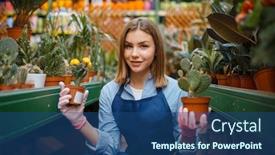  Presentation with flowers - Audience pleasing PPT theme consisting of female-gardener-with-home-flowers backdrop and a ocean colored foreground