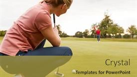  Presentation with shot - Presentation theme having female-golfer-lining-up-shot background and a yellow colored foreground