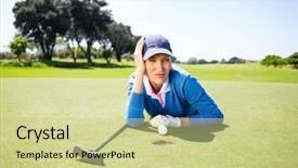  Presentation with golf course - PPT theme featuring female golfer looking at her ball on putting green on a sunny day at the golf course background and a soft green colored foreground