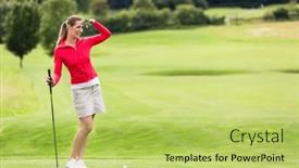  Presentation with golf course - Slide deck having female-golfer-shielding-eyes and a yellow colored foreground