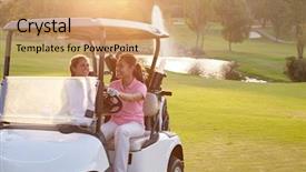  Presentation with golf course - Amazing PPT layouts having female golfers driving buggy along backdrop and a coral colored foreground