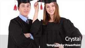  Presentation with students - Colorful presentation design enhanced with female graduate - two happy graduating students isolated backdrop and a  colored foreground