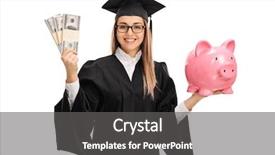  Presentation with education money - Slide deck featuring female graduate student holding money background and a dark gray colored foreground