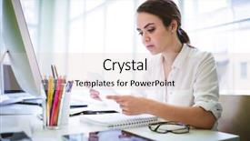  Presentation with collaboration info graphic - PPT theme having female graphic designer reading document background and a  colored foreground