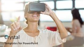  Presentation with graphic - Colorful PPT theme enhanced with female graphic designer using the virtual reality headset at office backdrop and a soft green colored foreground