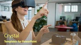  Presentation with graphic - Slide set consisting of female graphic designer using the virtual reality headset in creative office background and a coral colored foreground