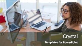  Presentation with graphic - PPT theme with female graphic designer working background and a tawny brown colored foreground