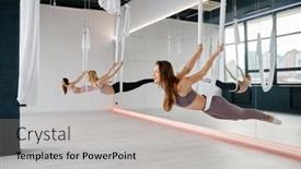  Presentation with group training - Presentation featuring female-group-doing-fly-yoga background and a light gray colored foreground