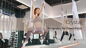  Presentation with group training - PPT theme with female-group-doing-fly-yoga background and a mint green colored foreground