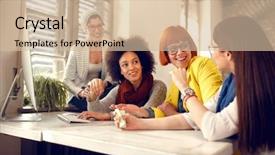  Presentation with working together - Colorful slide deck enhanced with female group talking and working backdrop and a soft green colored foreground