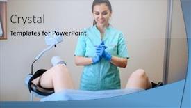  Presentation with gynecologist - PPT theme enhanced with female-gynecologist-holds-cotton-tampon background and a light gray colored foreground