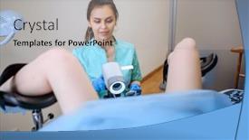  Presentation with gynecologist - Presentation design consisting of female-gynecologist-patient-in-chair background and a light gray colored foreground