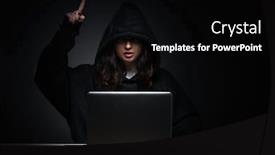  Presentation with female security - Amazing PPT theme having female-hacker-hacking-security-firewall backdrop and a black colored foreground