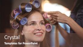  Presentation with customers - Cool new slide deck with female hairdresser styling customers hair at a salon backdrop and a tawny brown colored foreground