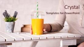  Presentation with orange plant - Beautiful PPT theme featuring female hand at wooden table with fast food closed cup of orange juice and near books and plant on light wall background backdrop and a lemonade colored foreground