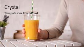  Presentation with fast food - Slides consisting of female hand at wooden table with fast food closed cup of orange juice and near books on light wall background background and a lemonade colored foreground