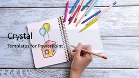  Presentation with house - Amazing theme having female hand drawing colorful house backdrop and a light blue colored foreground