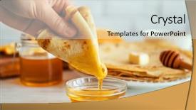  Presentation with pancake - Presentation design having female hand dunking delicious pancake background and a sky blue colored foreground