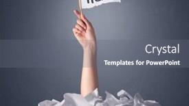  Presentation with pile - Colorful PPT layouts enhanced with female hand emerging from crumpled paper pile holding a white flag with help written on it backdrop and a gray colored foreground