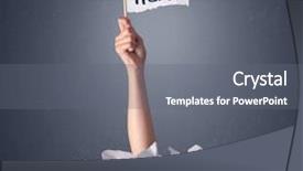  Presentation with pile - Cool new theme with female hand emerging from crumpled paper pile holding a white flag with help written on it backdrop and a gray colored foreground