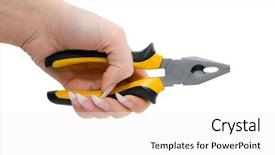  Presentation with hold hand - Beautiful presentation featuring female hand hold black and yellow pliers isolated over white background backdrop and a white colored foreground