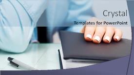  Presentation with book - Slide deck featuring female-hand-holding-a-book background and a light blue colored foreground