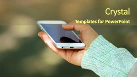  Presentation with phone - Colorful slide deck enhanced with female hand holding a mobile backdrop and a tawny brown colored foreground