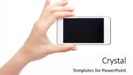  Presentation with smartphone - Cool new slide deck with female hand holding a modern backdrop and a white colored foreground