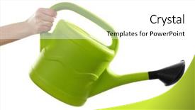  Presentation with simple green - Beautiful slides featuring female hand holding a simple green plastic watering can with black spout isolated on white background backdrop and a white colored foreground