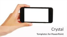  Presentation with female - Slides having female hand holding cellphone isolated background and a white colored foreground