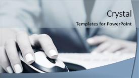  Presentation with computer - Cool new presentation with female hand holding computer mouse backdrop and a  colored foreground