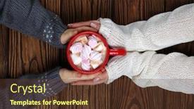  Presentation with hot chocolate - Slide set with female hand holding cup of hot chocolate with marshmallow on wooden table background and a tawny brown colored foreground